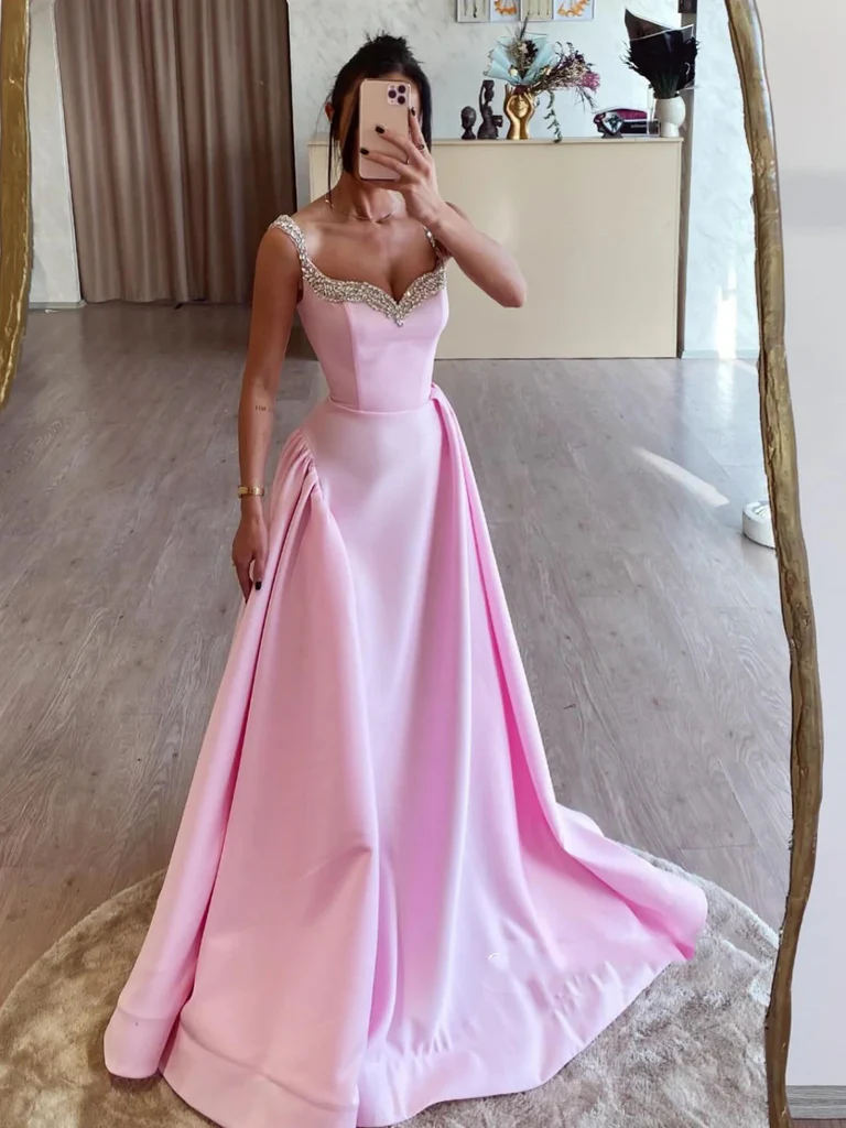 Pink beaded evening gowns deals