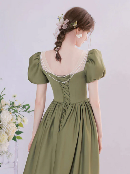 Round Neck Green Tea Length Prom Dresses, Round Neck Green Tea Length Formal Evening Dresses