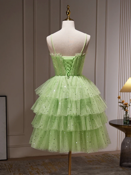 Princess Layered Green Short Tulle Prom Dresses with Sequins, Short Green Formal Graduation Evening Dresses ，Layered Green Homecoming Dresses