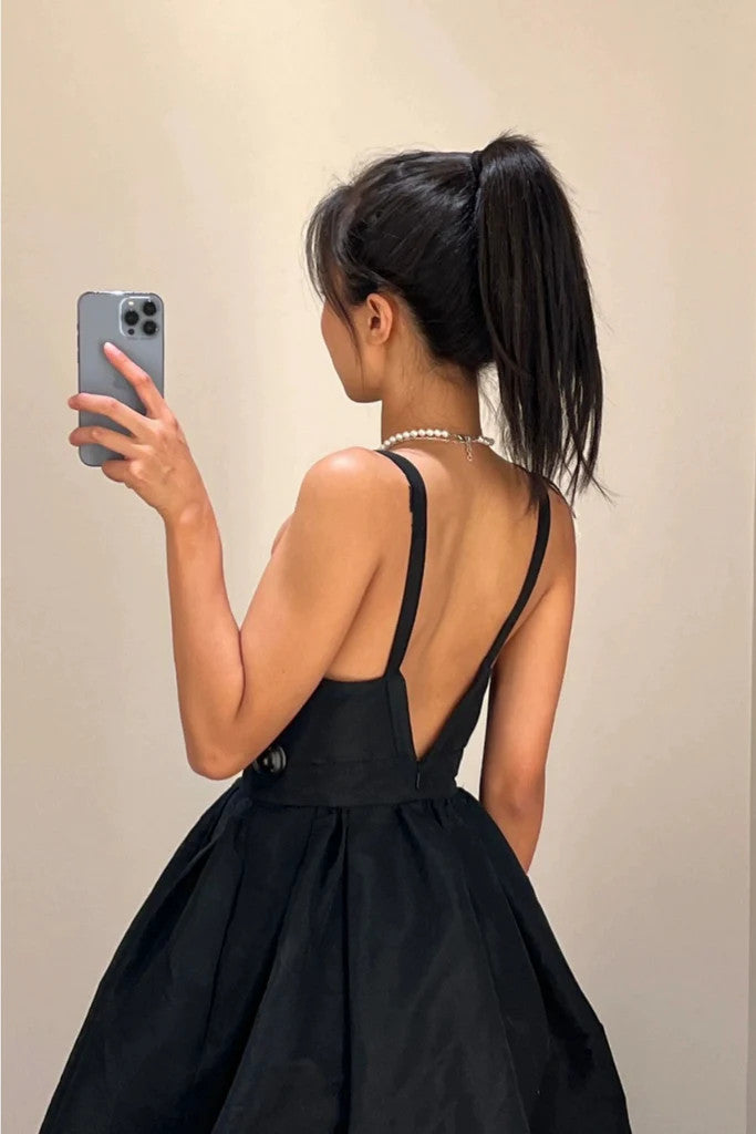 V Neck Black Backless Satin Short Prom Dresses, Open Back V Neck Short morievent V Neck Black Backless Satin Short Prom Dresses, Open Back V Neck Short morievent