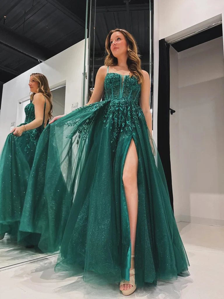 A Line V Neck Backless Green Lace Long Prom Dresses with High Slit, Gr morievent A Line V Neck Backless Green Lace Long Prom Dresses with High Slit, Gr morievent