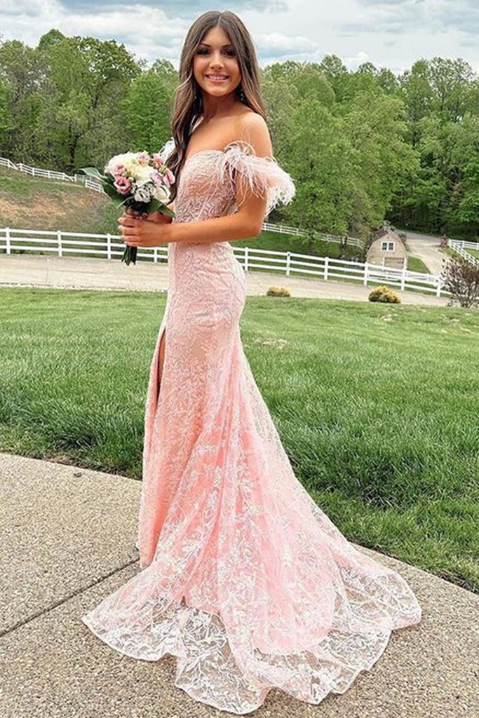 Off Shoulder Mermaid Pink Lace Long Prom Dresses, Off the Shoulder Lac morievent Off Shoulder Mermaid Pink Lace Long Prom Dresses, Off the Shoulder Lac morievent