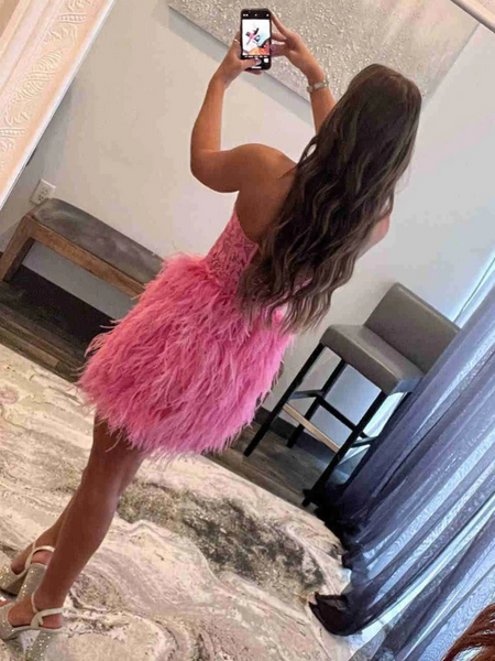 Strapless Beaded Burgundy/Pink/Black Lace Feather Short Prom Dresses, Short Strapless Beaded Burgundy/Pink/Black Lace Formal  Evening Graduation Dresses