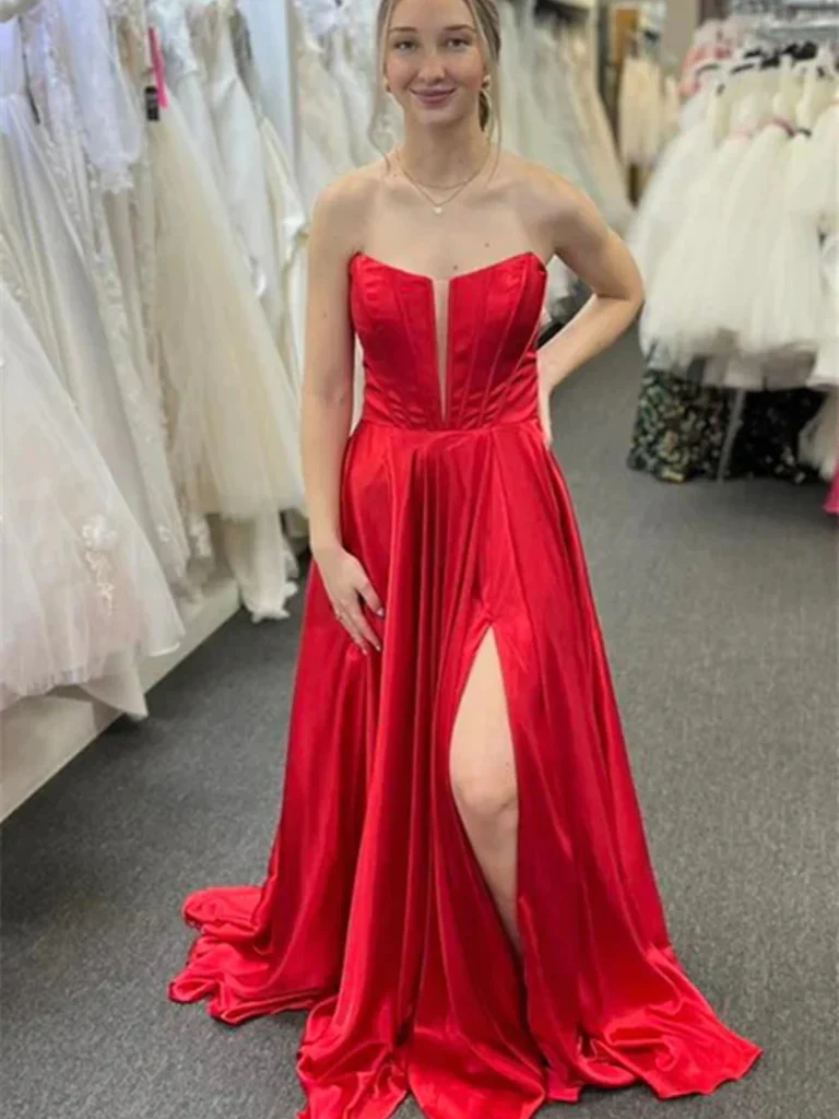 V Neck Strapless Red Long Prom Dresses, Strapless Red V Neck Long Formal  Evening Dresses