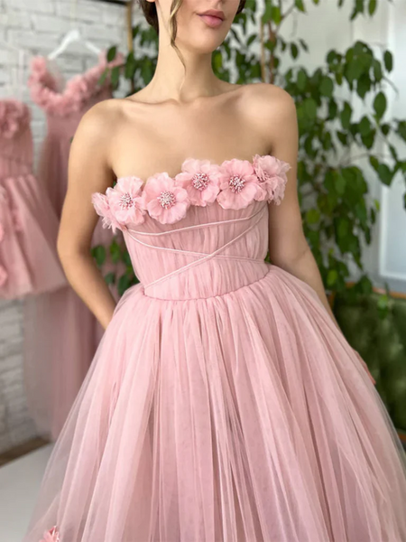 Strapless Pink Floral Tulle Tea Length Prom Dresses with 3D Flowers, Strapless Pink Floral Tea Length Formal Graduation Evening Homecoming Dresses