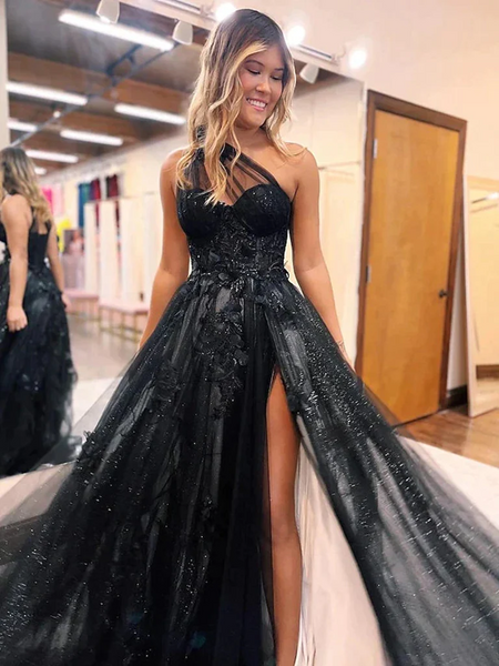 One Shoulder Black Lace Prom Dresses, One Shoulder Black Lace Formal Evening Dresses