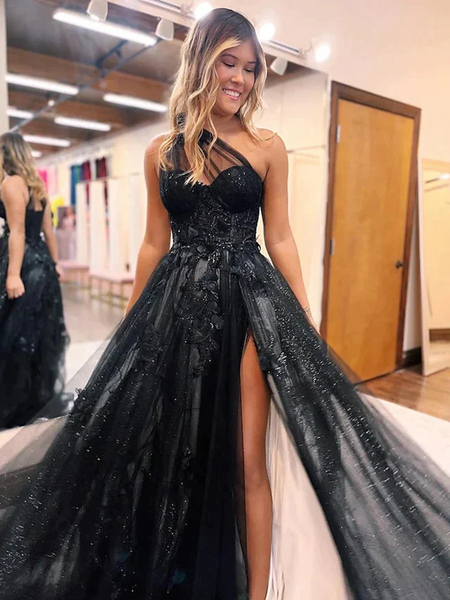 One Shoulder Black Lace Prom Dresses, One Shoulder Black Lace Formal E