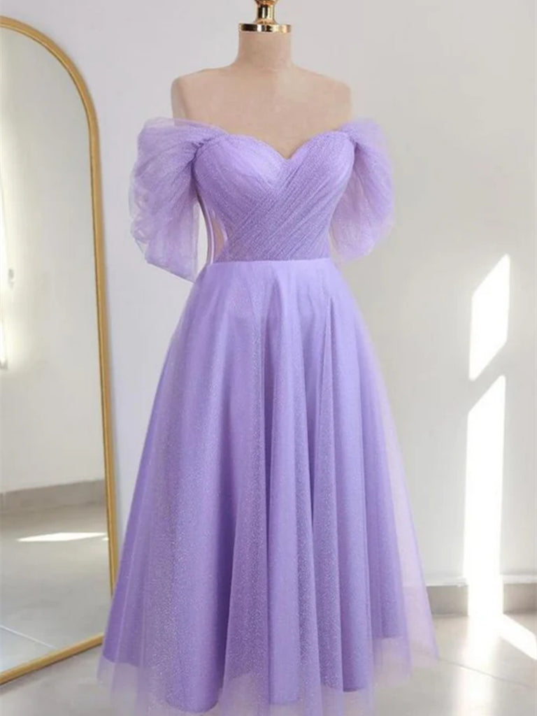 Shiny Off the Shoulder Light Blue/Lilac Tulle Tea Length Prom Dresses, morievent Shiny Off the Shoulder Light Blue/Lilac Tulle Tea Length Prom Dresses, morievent
