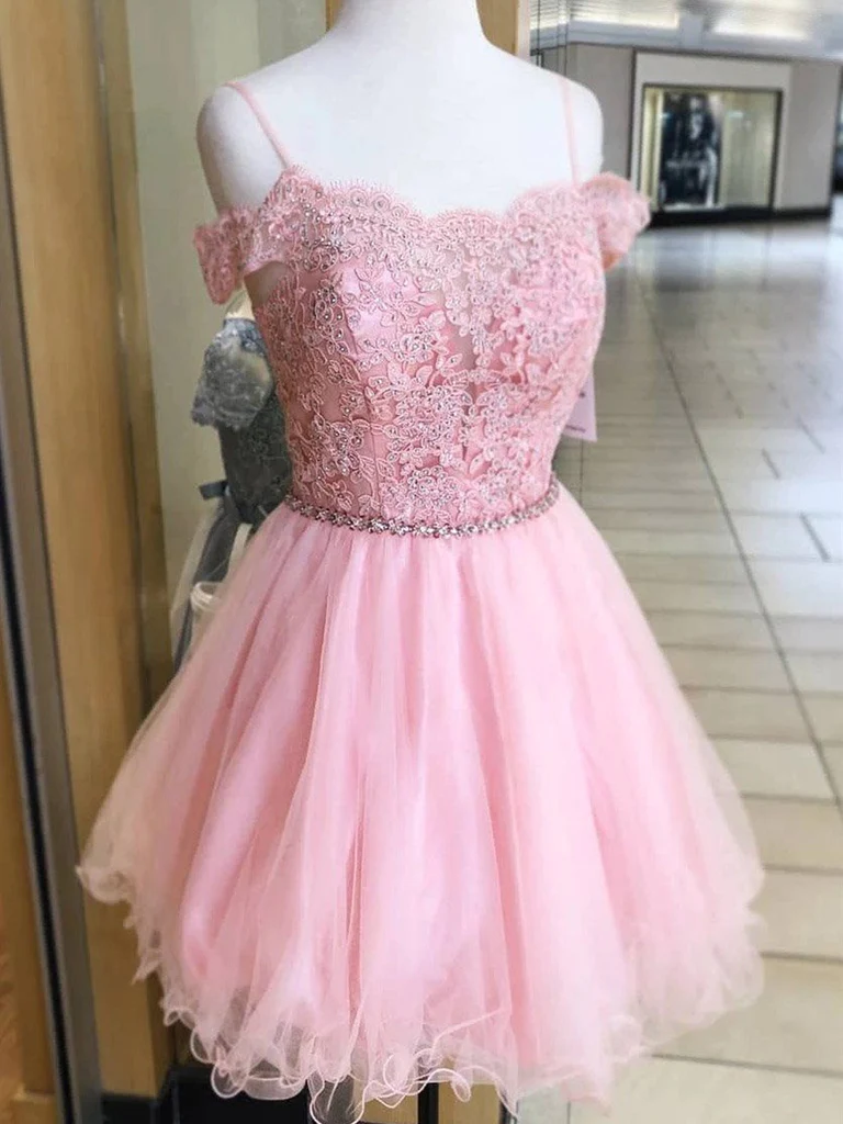 Off the Shoulder Short Pink Lace Prom Dresses, Off Shoulder Short Pink Lace Formal Homecoming Dresses