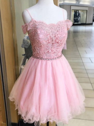 Off the Shoulder Short Pink Lace Prom Dresses, Off Shoulder Short Pink Lace Formal Homecoming Dresses