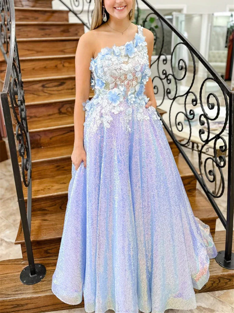 One Shoulder Backless Lilac Lace Floral Long Prom Dresses, One Shoulde morievent One Shoulder Backless Lilac Lace Floral Long Prom Dresses, One Shoulde morievent
