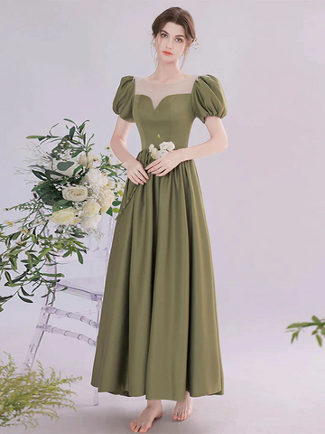 Round Neck Green Tea Length Prom Dresses, Round Neck Green Tea Length Formal Evening Dresses