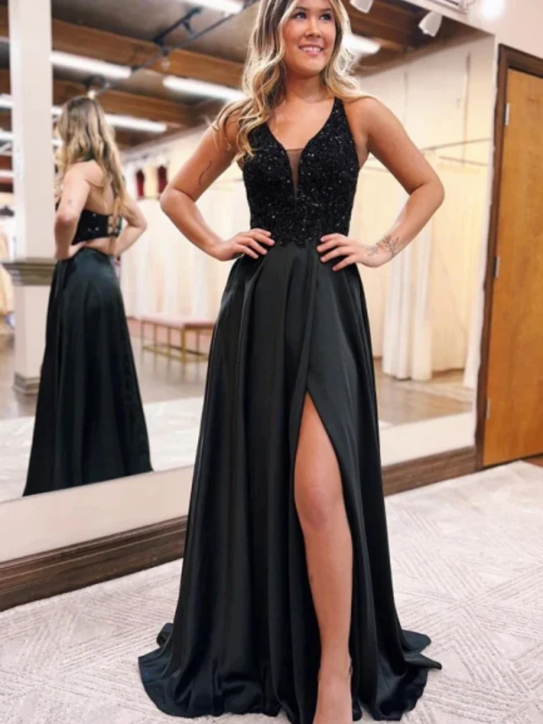 A Line V Neck Open Back Black Sequin Long Prom Dresses with High Slit, morievent A Line V Neck Open Back Black Sequin Long Prom Dresses with High Slit, morievent