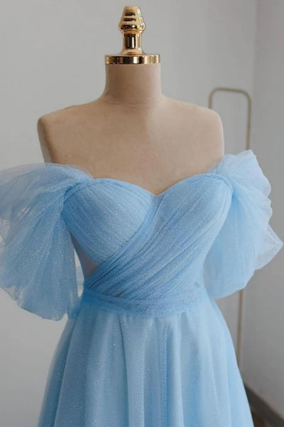 Shiny Off the Shoulder Light Blue/Lilac Tulle Tea Length Prom Dresses, Off Shoulder Light Blue/Lilac Tea Length Tulle Formal Graduation Evening Dresses