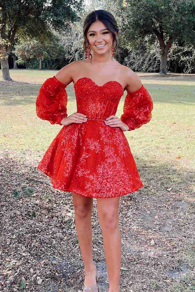 red lace homecoming dresses short Red Lace Sequins A Line Spaghetti Straps Short Homecoming Dresses, MH680