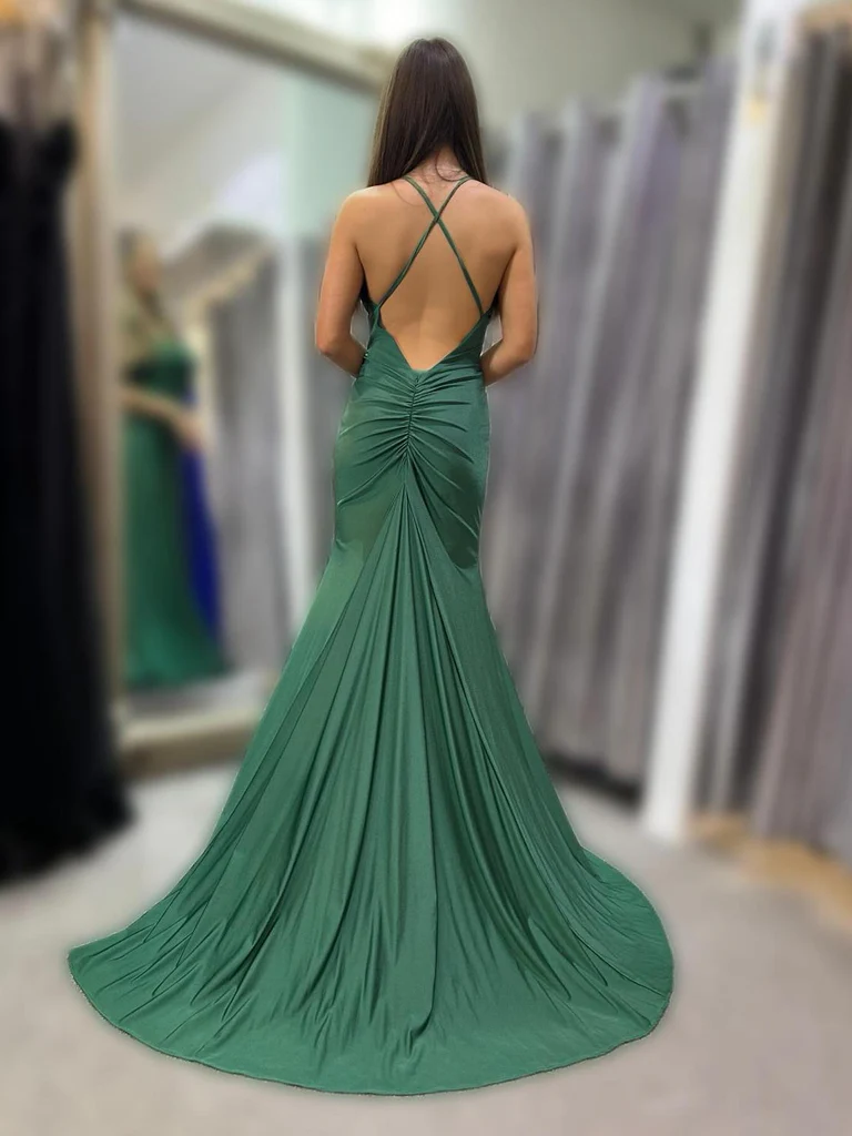 Green Satin Mermaid Backless Long Prom Dresses, Mermaid Green Long For morievent Green Satin Mermaid Backless Long Prom Dresses, Mermaid Green Long For morievent