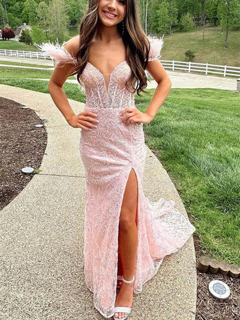 Off Shoulder Mermaid Pink Lace Long Prom Dresses, Off the Shoulder Lac morievent Off Shoulder Mermaid Pink Lace Long Prom Dresses, Off the Shoulder Lac morievent