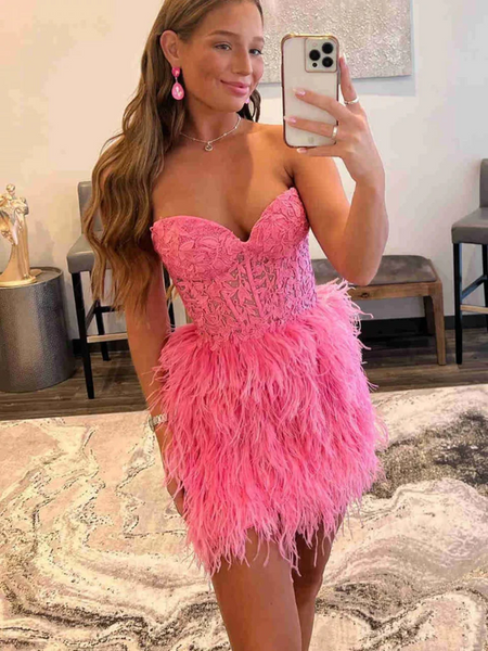 Strapless Beaded Burgundy/Pink/Black Lace Feather Short Prom Dresses, Short Strapless Beaded Burgundy/Pink/Black Lace Formal  Evening Graduation Dresses