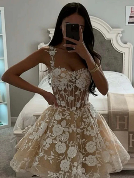 A Line Short Champagne Tulle Lace Prom Dresses, Short Lace Champagne Formal Homecoming Dresses