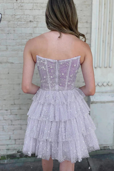 Shiny Strapless Layered Lilac /Black /Yellow Short Prom Dresses, Strapless Lilac Formal Evening Homecoming Dresses