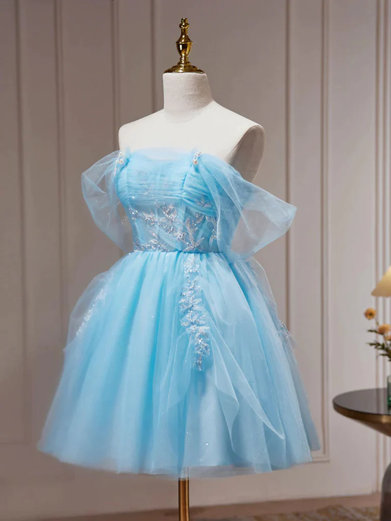 A Line Blue Tulle Short Beaded Prom Dresses, Short Blue Graduation Hom morievent A Line Blue Tulle Short Beaded Prom Dresses, Short Blue Graduation Hom morievent