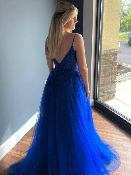 V Neck Open Back Beaded Blue Prom Dresses Long, Blue Formal Graduation Evening Dresses with Beadings