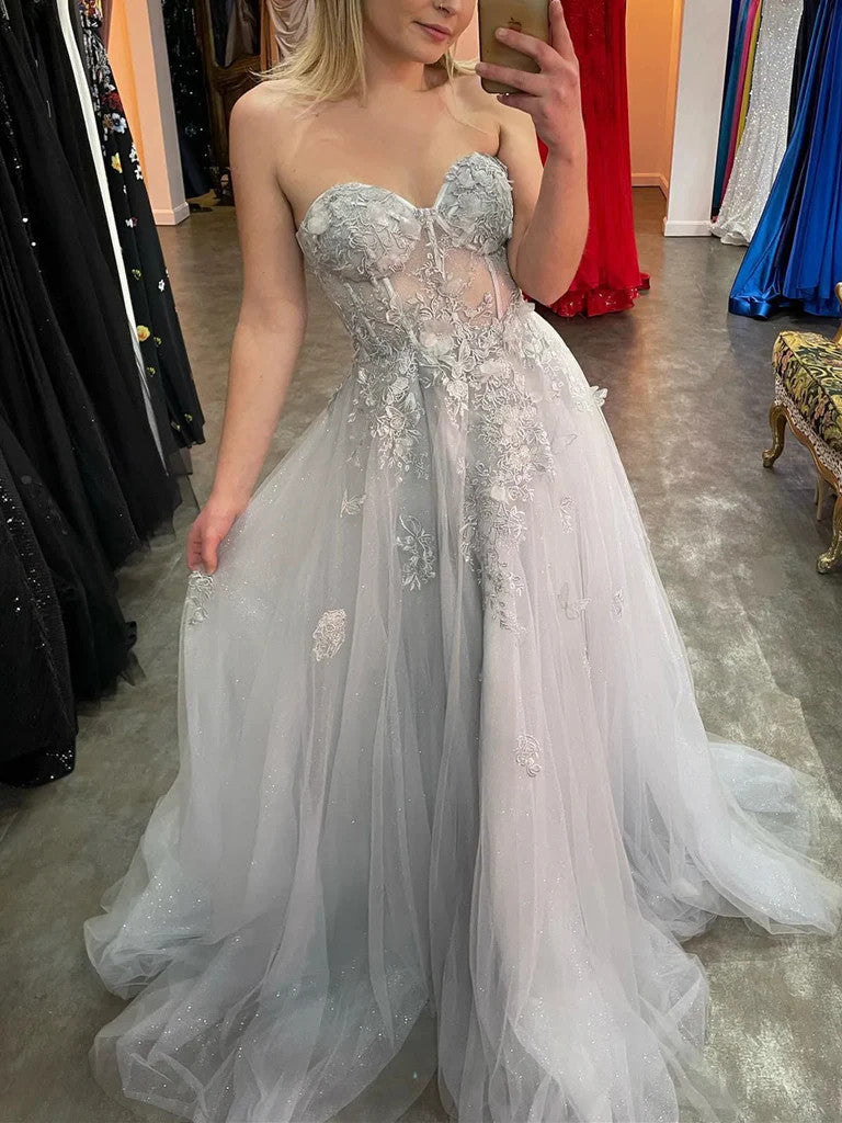 Strapless Silver Gray  Lace Floral Long Prom Dresses, Strapless Silver Gray Long Lace Floral Formal Evening Dresses