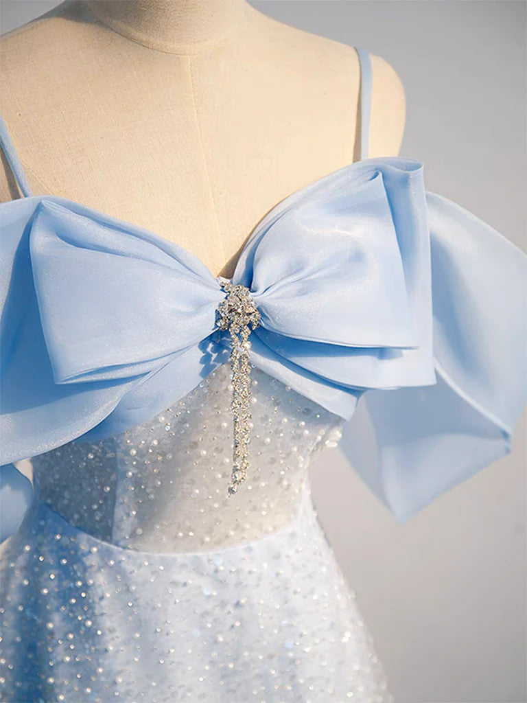 A Line Tulle Sequin Blue Long Prom Dresses, Blue Sequin Tulle Long For – morievent
