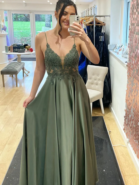 V Neck Dark Green Lace Long Prom Dresses, Dark Green Long Lace Formal Evening Dresses