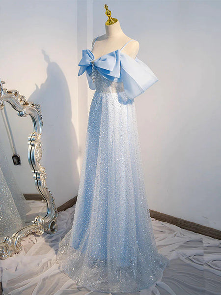 A Line Tulle Sequin Blue Long Prom Dresses,  Blue Sequin Tulle Long Formal Evening Dresses