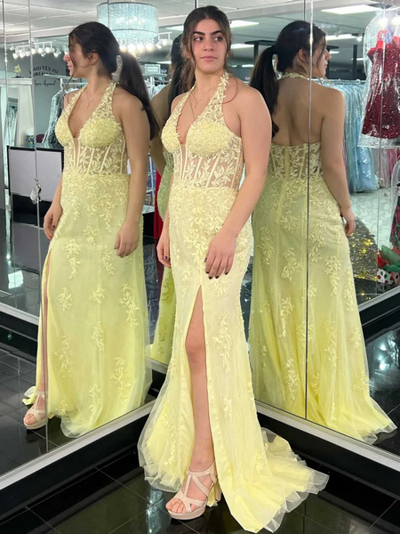 Halter V Neck Open Back Mermaid Yellow Lace Long Prom Dresses with High Slit,  Mermaid Yellow Lace Formal Evening Dresses