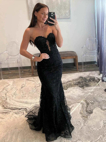 Strapless Mermaid Black Lace Long Prom Dresses, Mermaid Black Lace Formal Evening Dresses