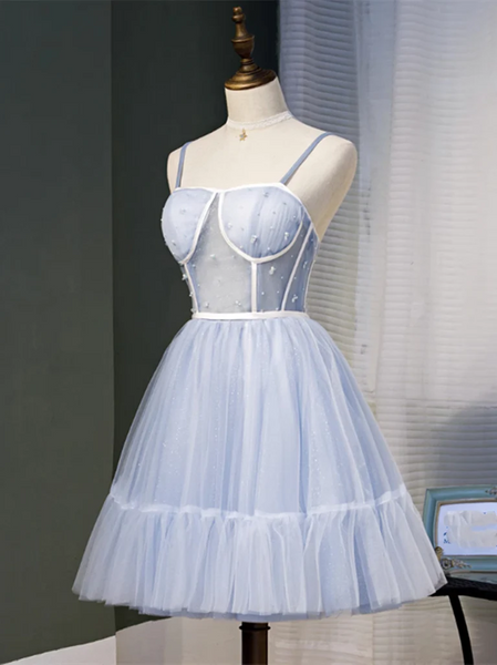 Sweetheart Neck Short Blue Tulle Prom Dresses, Short Blue Graduation Homecoming Dresses