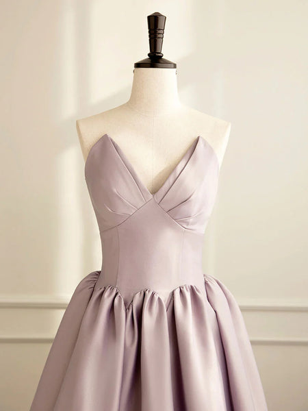 Simple A Line Satin Pink Strapless Long Prom Dresses, Pink Formal Bridesmaid Dresses