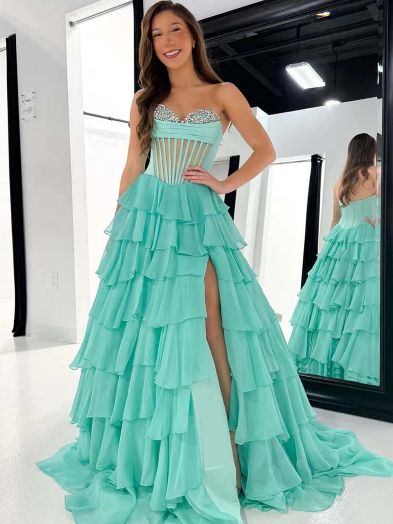 Strapless Beaded Green Sheer Layered Long Prom Dresses, Sheer Green La morievent Strapless Beaded Green Sheer Layered Long Prom Dresses, Sheer Green La morievent