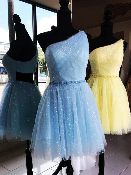 One Shoulder Yellow Blue Tulle Prom Dresses, One Shoulder Short Formal Evening Homecoming Dresses