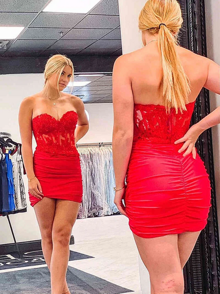 Strapless Red Short Lace Prom Dresses, Strapless Short Red Lace Formal Evening Graduation Dresses