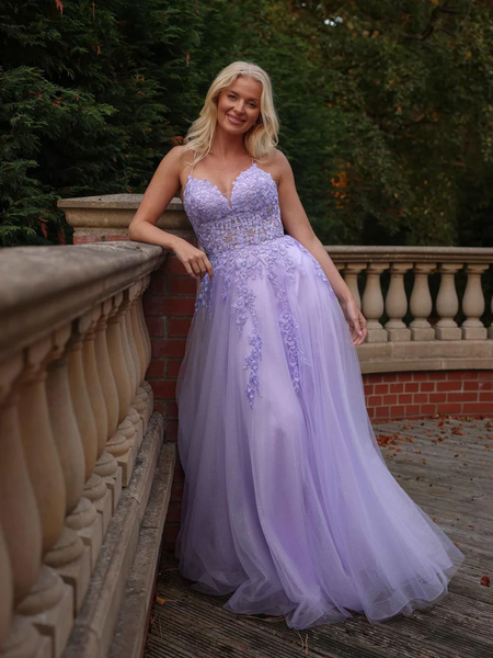 A Line V Neck Lilac Lace Long Prom Dresses with Slit, Lilac Lace Formal Evening Dresses