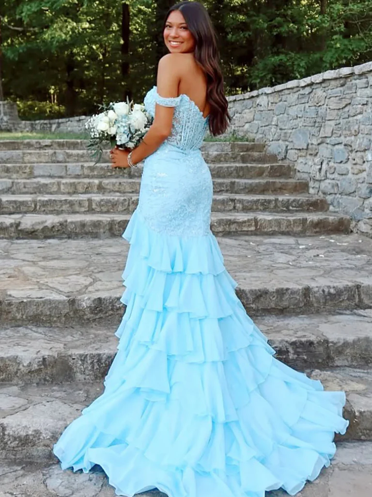 Off the Shoulder Light Blue Lace Long Prom Dresses with Slit, Off Shou morievent Off the Shoulder Light Blue Lace Long Prom Dresses with Slit, Off Shou morievent