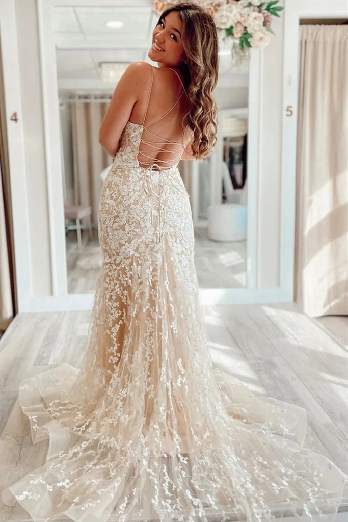 Champagne Backless Mermaid Lace Long Prom Dresses, Mermaid Champagne L morievent Champagne Backless Mermaid Lace Long Prom Dresses, Mermaid Champagne L morievent