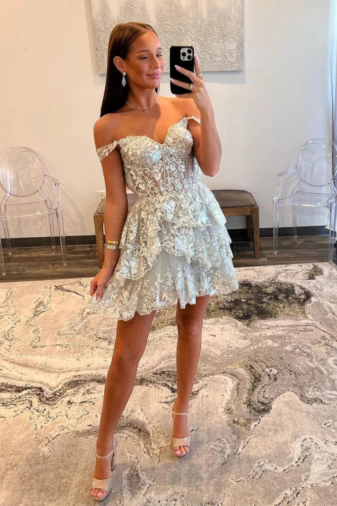 short silver dama dresses Lace Appliqued Silver Satin Short Prom Dresses Cute Homecoming Dresses,apd2486