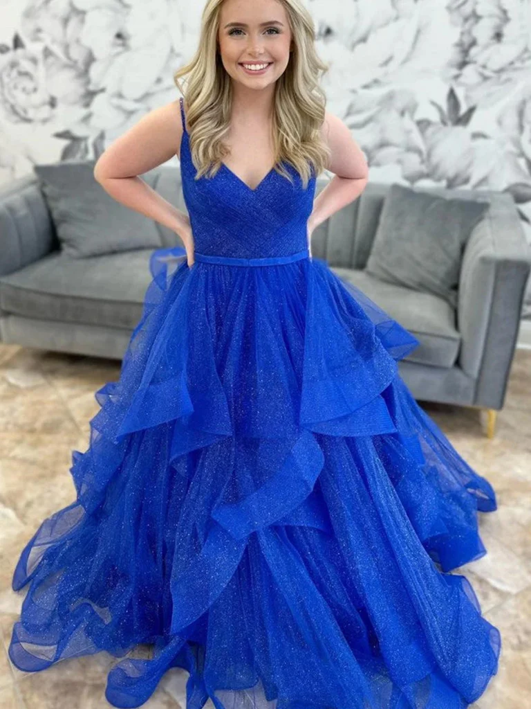 Shiny V Neck Blue Tulle Long Prom Dresses, Fluffy Blue V Neck Formal E morievent Shiny V Neck Blue Tulle Long Prom Dresses, Fluffy Blue V Neck Formal E morievent