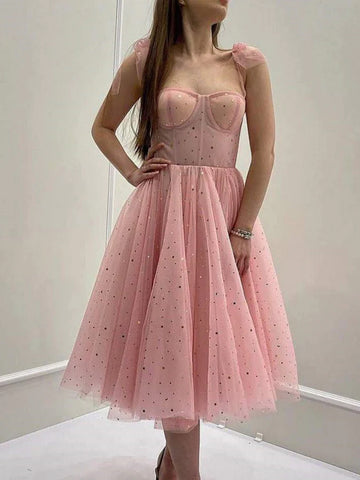 Short Princess Pink Tulle Tea Length  Prom Dresses, Shiny Short Pink Formal  Evening Graduation Dresses