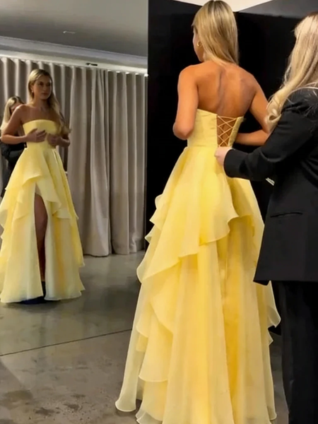 Strapless Yellow Organza Prom Dresses, Strapless Pleated Layered Yellow Organza Formal Evening Dresses