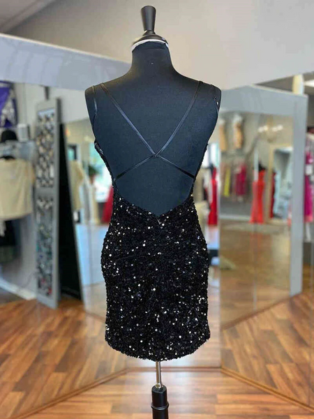 Shiny Backless V Neck Black Purple Short Sequins Prom Dresses, Shiny V Neck Black Purple Short Sequins Formal Evening Dresses