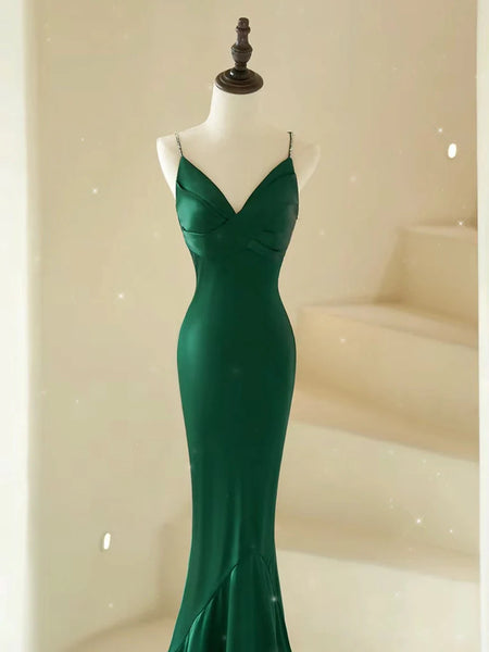 V Neck Mermaid Satin Green Long Prom Dresses, Green Mermaid Long Formal Evening Dresses