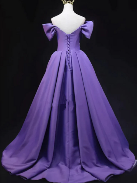 Off Shoulder Purple Satin Long Prom Dresses, Off the Shoulder Purple Satin Long Formal Evening Dresses