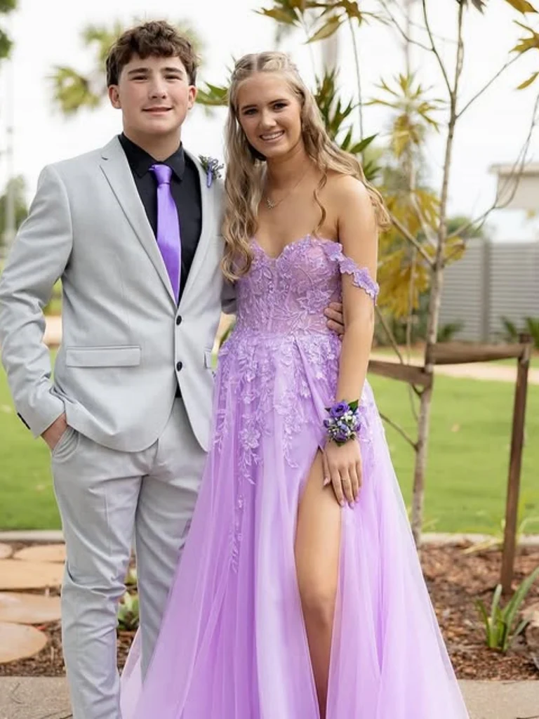 Off the Shoulder Lilac Lace Long Prom Dresses with High Slit, Off Shou morievent Off the Shoulder Lilac Lace Long Prom Dresses with High Slit, Off Shou morievent