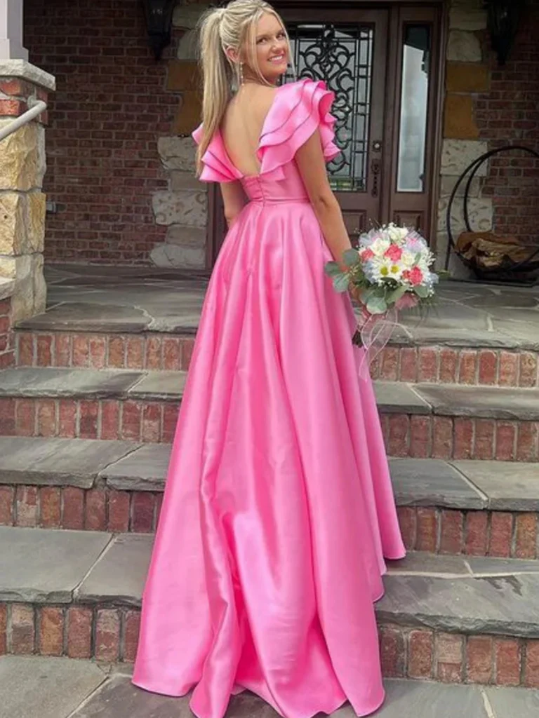 Hot Pink Cap Sleeves Satin Long Prom Dresses with High Slit, Hot Pink morievent Hot Pink Cap Sleeves Satin Long Prom Dresses with High Slit, Hot Pink morievent