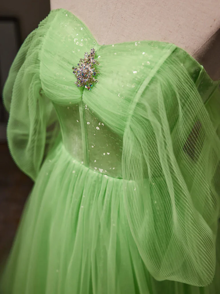 Shiny Off  Shoulder Green Tulle Long Prom Dresses， Off the Shoulde Green Long Formal Evening Graduation Dresses